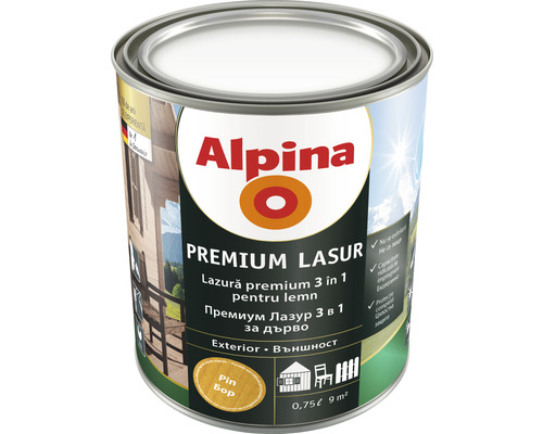Lazură premium pentru lemn Alpina pin 0,75 l Alpina Premium Lazur 3 în 1 lazură pentru lemn, cutie
