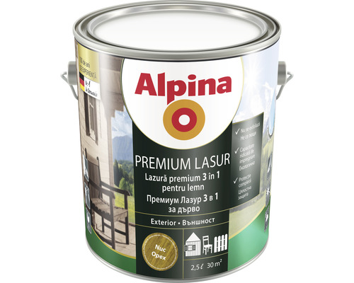 Lazură premium pentru lemn Alpina nuc 2,5 l Cutie cu lazură pentru lemn Alpina Premium 3 în 1