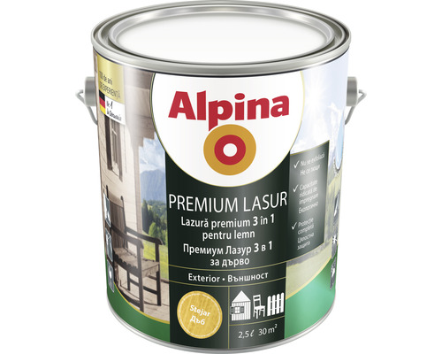 Lazură premium pentru lemn Alpina stejar 2,5 l Recipient cu lazură pentru lemn Alpina Premium 3 în 1