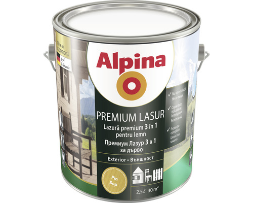 Lazură premium pentru lemn Alpina pin 2,5 l Alpina Premium Lazura 3 în 1 Lazură pentru lemn cutie