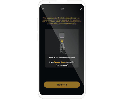 Ecran smartphone cu instrucțiuni pentru configurarea unei telecomenzi