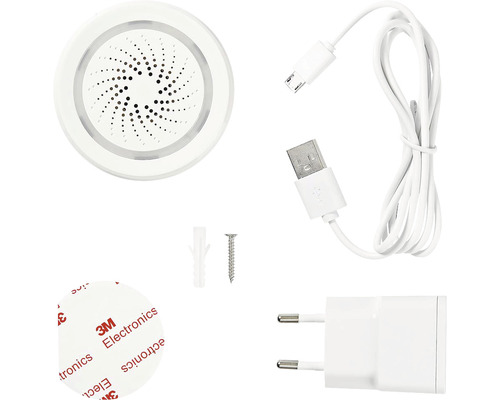 Alarm de securitate cu cablu USB, adaptor de alimentare, șurub, diblu și tampon adeziv 3M