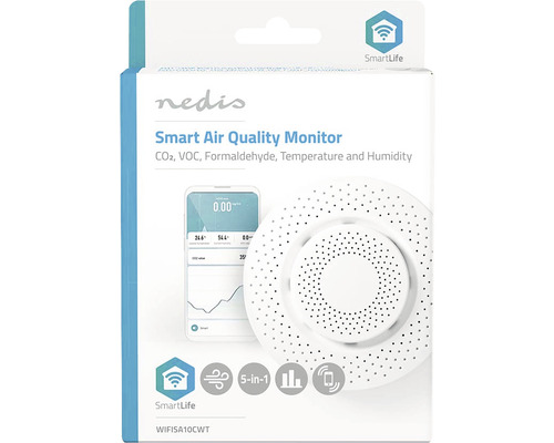 Ambalajul monitorului inteligent de calitate a aerului Nedis pentru măsurarea CO2, COV, formaldehidei, temperaturii și umidității