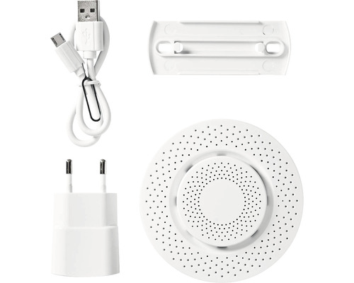 Componente detector de fum cu cablu USB, adaptor de alimentare și placă de montaj