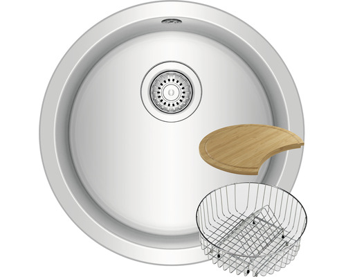 Chiuvetă rotundă din inox cu tocător și coș de scurgere