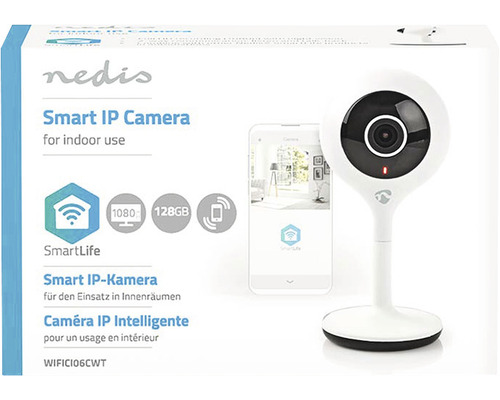 Cameră IP inteligentă Nedis pentru interior, în ambalajul produsului