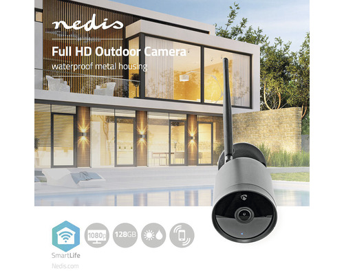 Cameră de exterior Full HD cu carcasă metalică impermeabilă în fața unei case moderne