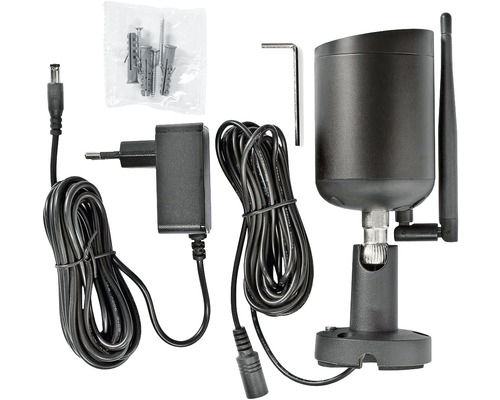 Cameră de supraveghere cu accesorii precum sursă de alimentare, cabluri, șuruburi și dibluri