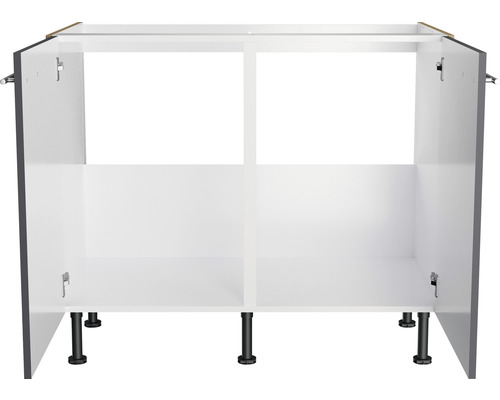 Dulap inferior de bucătărie cu uși deschise și picioare negre