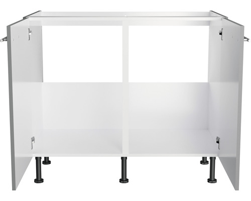 Dulap de bază pentru chiuvetă cu uși deschise și patru picioare