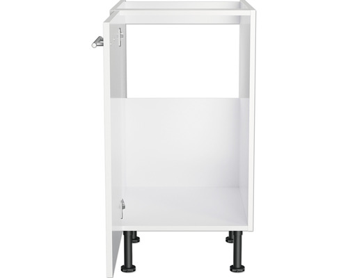 Corp inferior de bucătărie alb cu picioare negre.