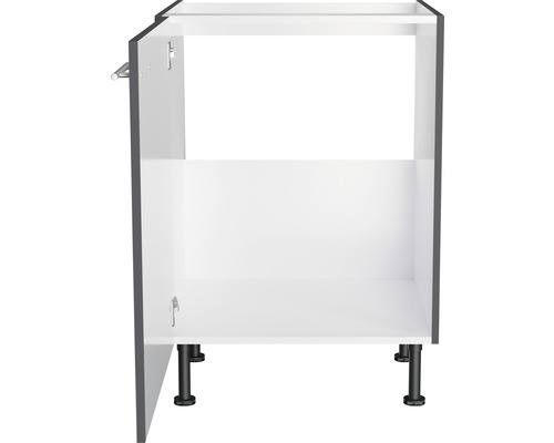 Dulap de bază pentru bucătărie cu ușă deschisă și picioare negre