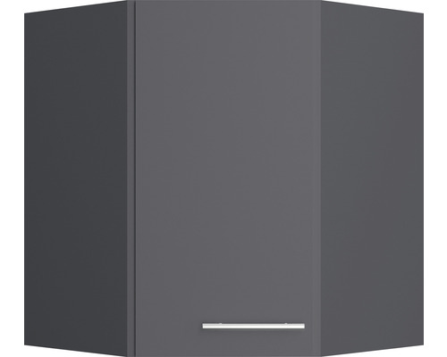 Dulap de colț suspendat de bucătărie gri, cu o ușă și un mâner.