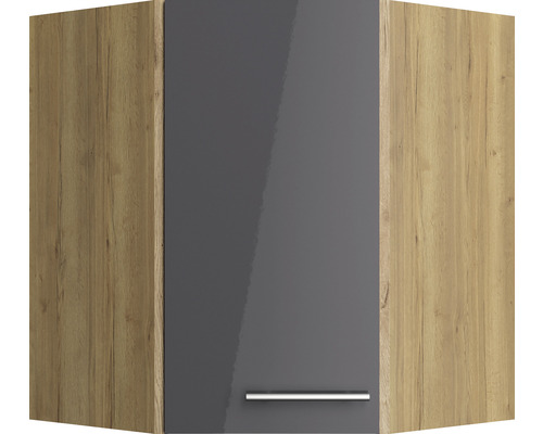 Dulap suspendat de colț cu ușă gri lucioasă și structură de lemn