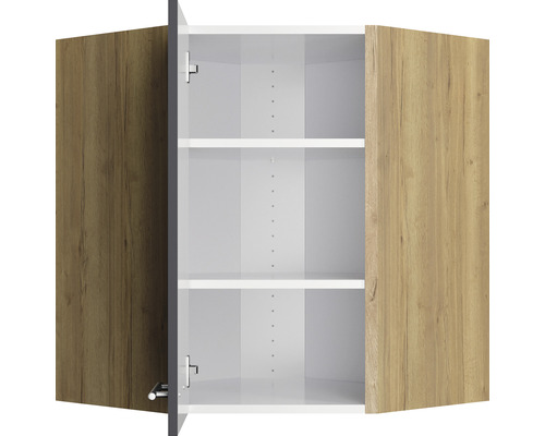 Dulap de perete deschis cu uși din lemn și două rafturi albe