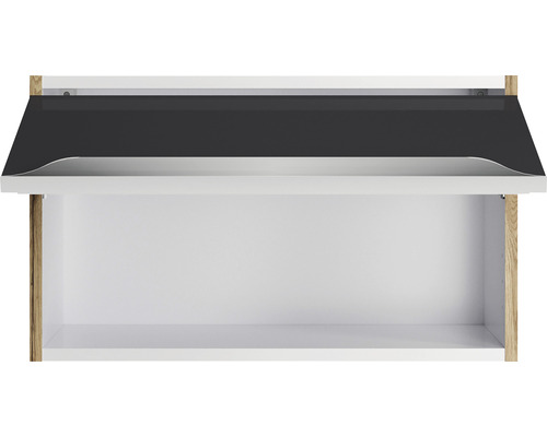 Dulap de perete cu ușa închisă la culoare și interior alb