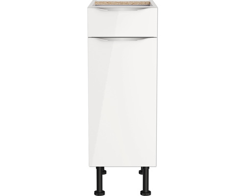 Dulap inferior alb cu o ușă și picioare negre pentru baie