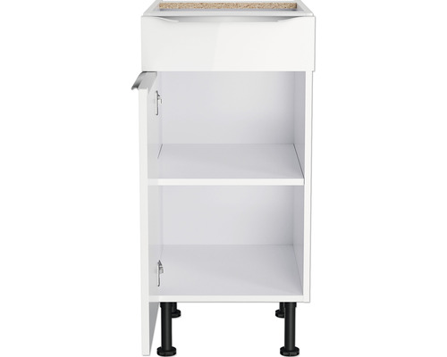 Dulap inferior de bucătărie alb cu o ușă deschisă și două rafturi