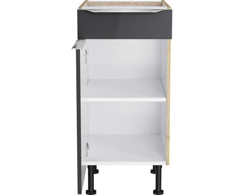 Corp inferior de bucătărie cu sertar, ușă deschisă și rafturi