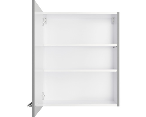 Dulap suspendat alb cu ușă deschisă și două rafturi