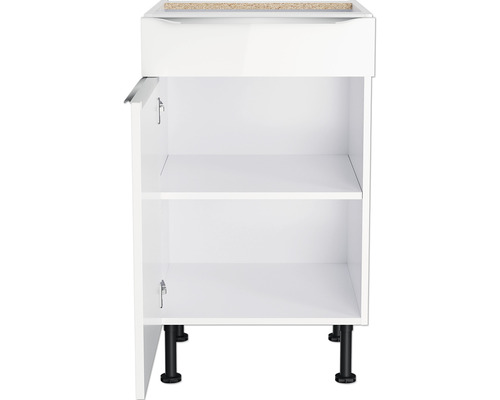 Corp inferior alb cu ușă deschisă și două rafturi