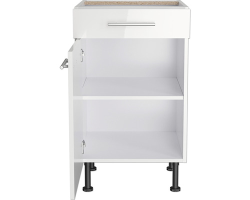 Dulap inferior alb cu sertar și ușă deschisă