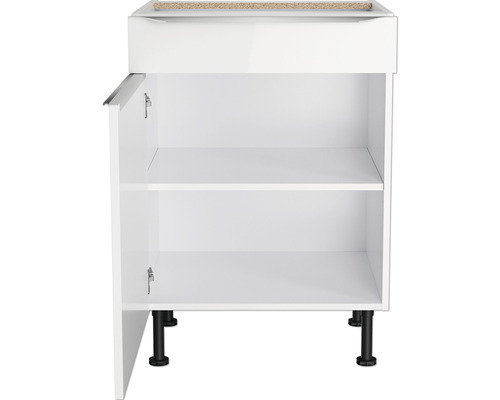 Dulap inferior alb cu ușă deschisă și două rafturi