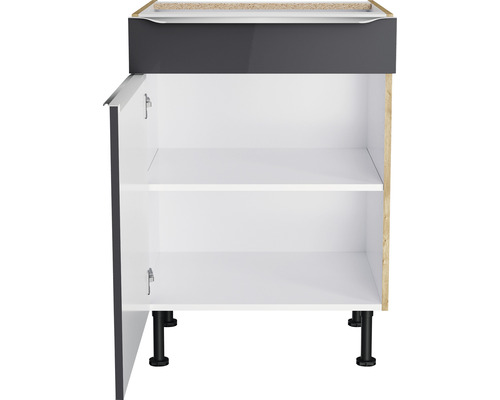 Dulap inferior cu ușă deschisă, rafturi și picioare