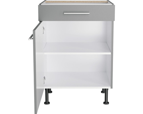 Dulap inferior cu sertar, ușă deschisă și rafturi