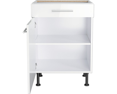 Dulap inferior alb cu sertar, ușă deschisă și rafturi