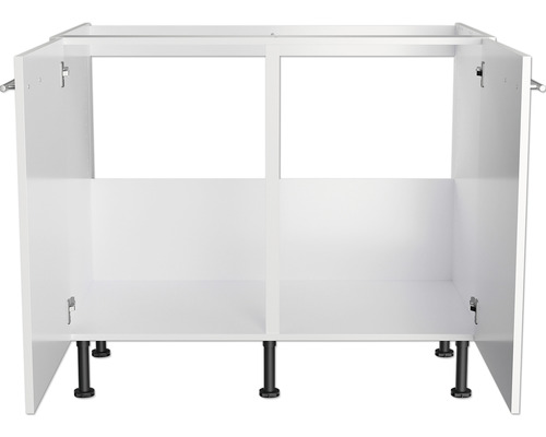 Corp inferior de chiuvetă alb cu picioare negre.