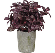 Plantă artificială cu frunze închise la culoare în ghiveci gri