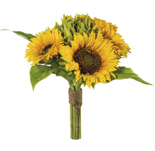 Buchet de floarea-soarelui cu frunze verzi și bandă de iută