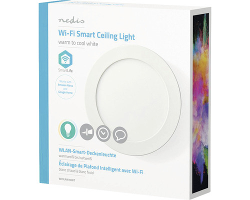 Ambalajul unei lămpi de plafon inteligente Nedis Wi-Fi cu lumină albă caldă până la rece