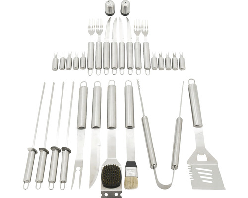 Set de ustensile pentru grătar cu furculiță de grătar, cuțit de grătar, clește de grătar și spatulă de grătar.