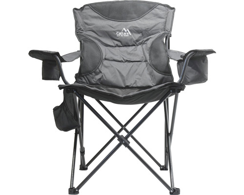 Scaun de camping gri cu brațe și suport pentru pahar