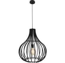 Lumină suspendată neagră cu design deschis tip cușcă și bec vizibil