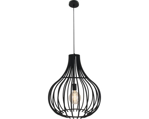 Lumină suspendată neagră cu design deschis tip cușcă și bec vizibil