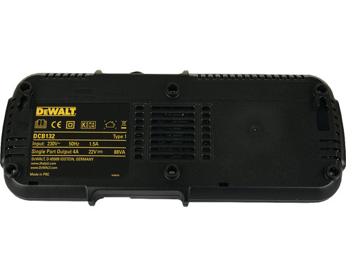 Logo DeWalt. Marcaj CE. Marcaj KEMA Eur. Încărcător DeWalt DCB132 tip 1 cu informații tehnice.