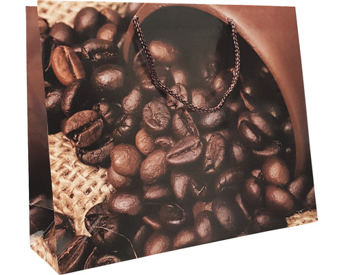 Sac de hârtie cu motiv boabe de cafea și șnur de transport