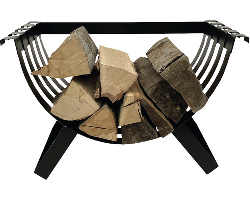 Coș de lemne negru din metal umplut cu lemne de foc.