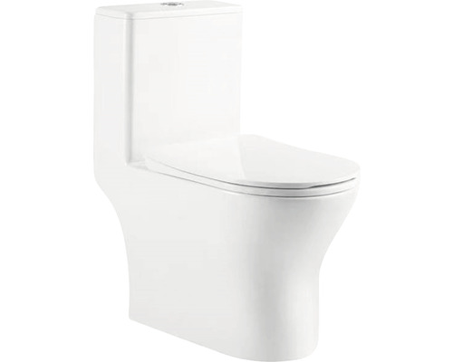 Set vas WC cu rezervor, mecanism și capac soft close A8618, rimless, evacuare orizontală, alb lucios