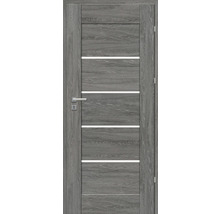 Ușă de interior gri cu muluri decorative orizontale și mâner