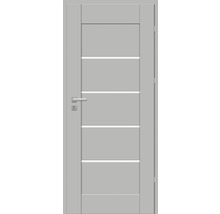 Ușă interioară gri cu linii decorative orizontale și mâner