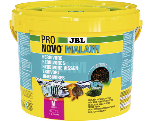 Hrană pești acvariu JBL ProNovo MALAWI GRANO M 5,5 l JBL Pro Novo Malawi hrană pentru pești erbivori în găleată galbenă