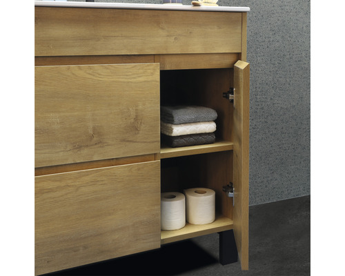 Mobilier de baie cu dulap deschis, compartimente de depozitare, prosoape și hârtie igienică