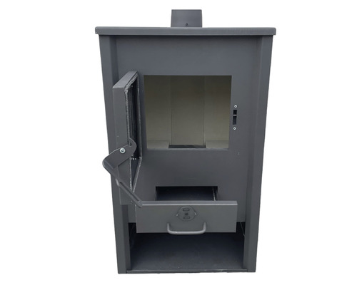 Șemineu cu ușa deschisă și compartiment pentru cenușă