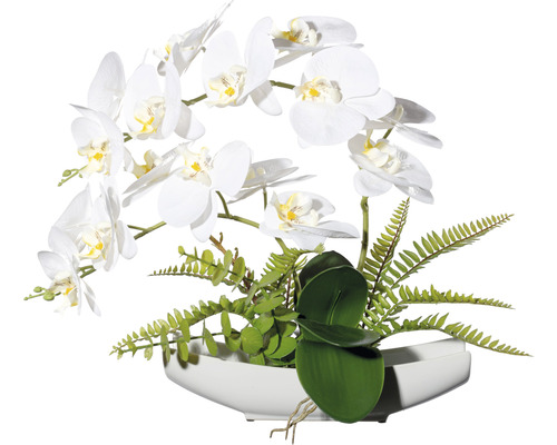 Plantă artificială Orhidee fluture Phalaenopsis în vas oval H 40 cm alb