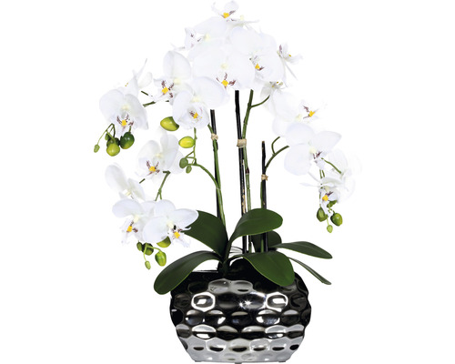 Plantă artificială Orhidee fluture Phalaenopsis în vas oval 4 ramuri H 55 cm alb