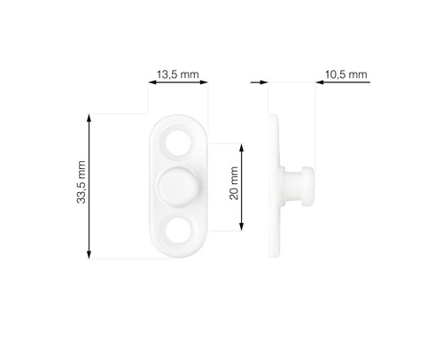 Prindere albă cu dimensiunile de 33,5 mm lungime, 13,5 mm lățime, 20 mm partea din mijloc și 10,5 mm adâncime.